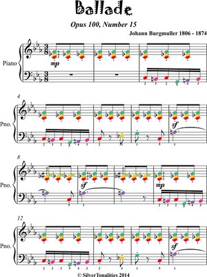 cover image of Ballade Opus 100 Number 15 Elementary Piano Sheet Music with Colored Notes